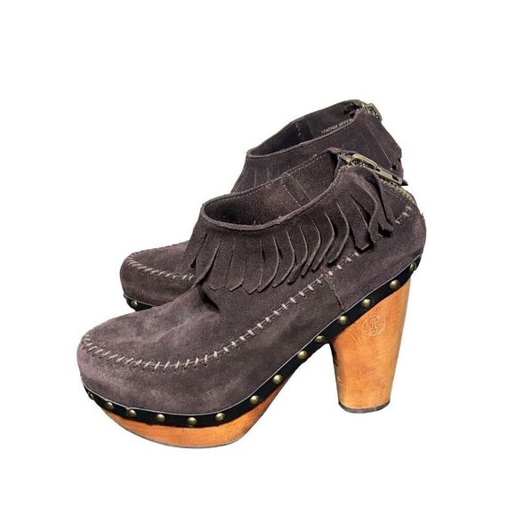 FLOGG NWOT Davina Brown Suede Fringe Wooden Platform Heels size 8.5 - Picture 2 of 5